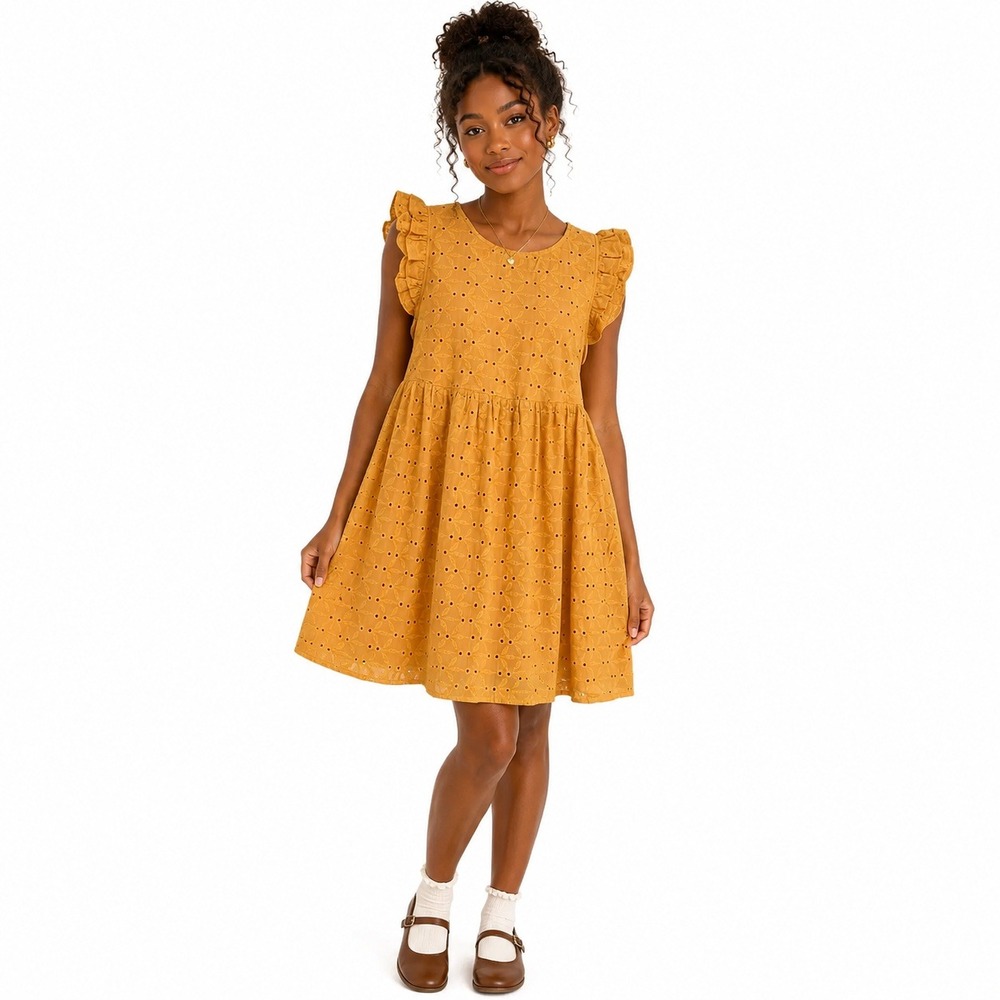 Ces Femme Eyelet Floral Babydoll Ruffle Mini Dress Mustard Yellow Cottagecore M
